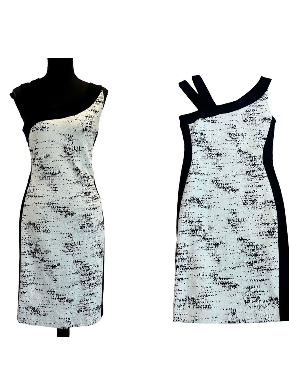 Joseph Ribkoff white black double strap one shoulder asymmetrical bodycon dress